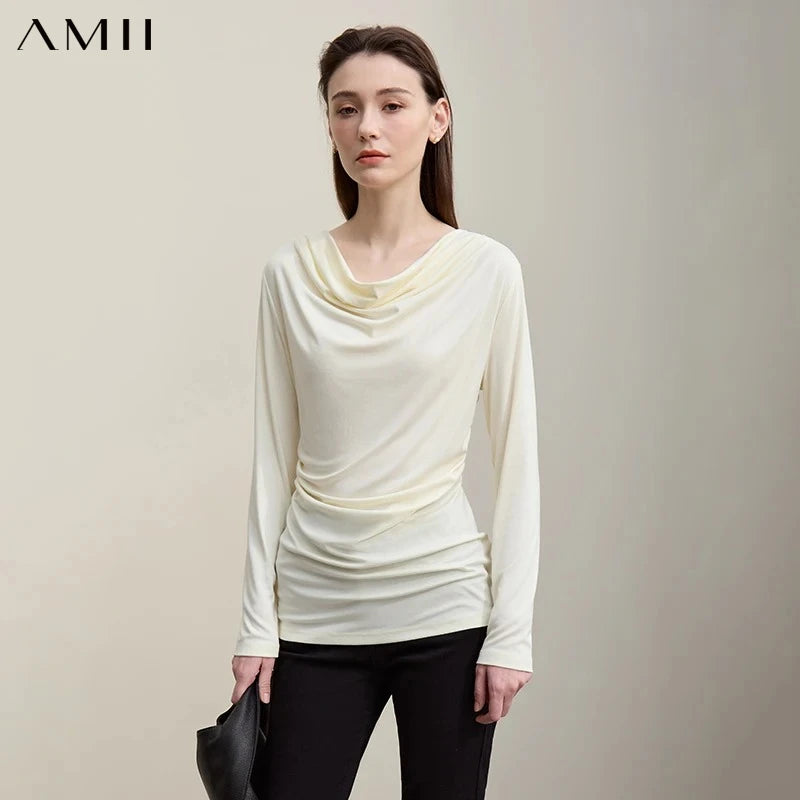 Amii Long Sleeve T-Shirt  Autumn New Elegant Swing Collar 2026 Women's Tee Shirt Casual Versatile Solid Color Knit Tops 12641022
