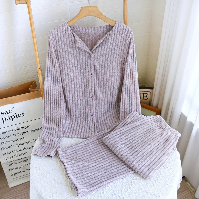 Breast Pad Long Sleeve Tops Pant Pajama Set Korean Plush Autumn Winter Home Suit Casual Slim Long Sleeve Sleepwear Pijama Women