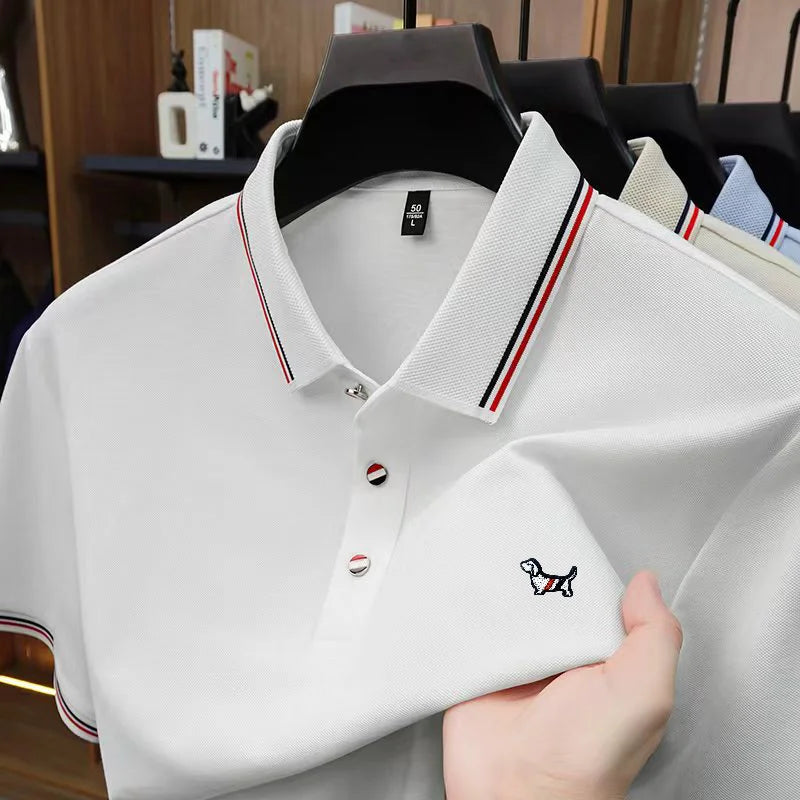 Luxury Man Short-Sleeved Polo Shirt Lapel Button Silk-Containing Dog Embroidery British Style T-Shirt Outdoor Leisure Men's Wear