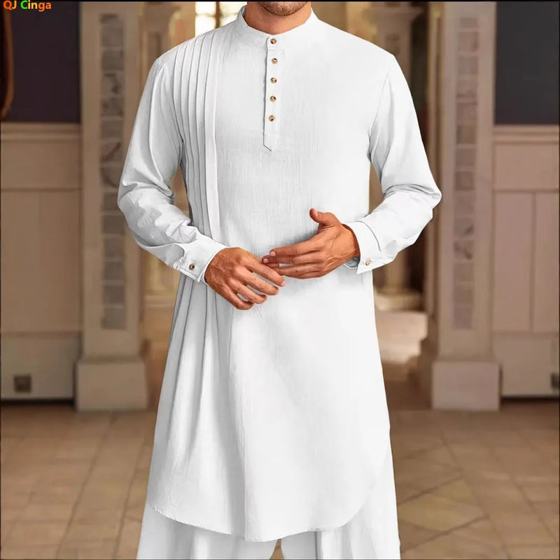 2026 Summer New Style Men's Long Cotton Shirt, Middle Eastern Arab Muslim Robe, Available in White, Black, Blue and Green.