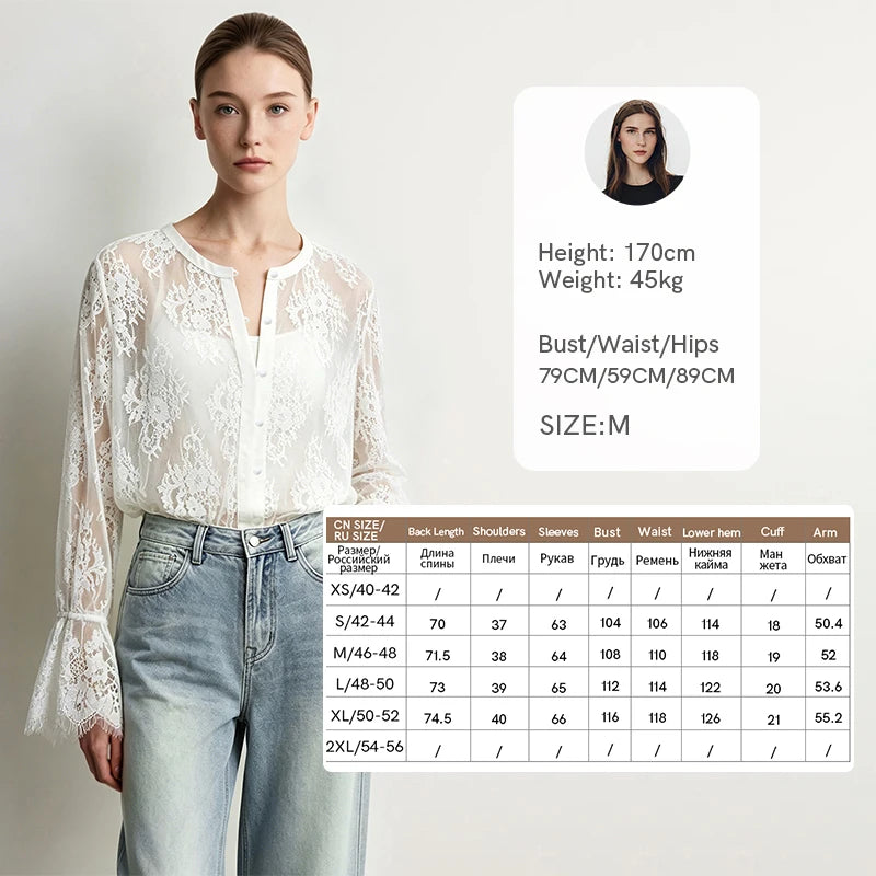Amii Lace Women's Blouse 2026 Autumn Crew Neck Sheer Long Sleeve Tops For Woman Lightweight Breathable Vacation Shirt 12643002
