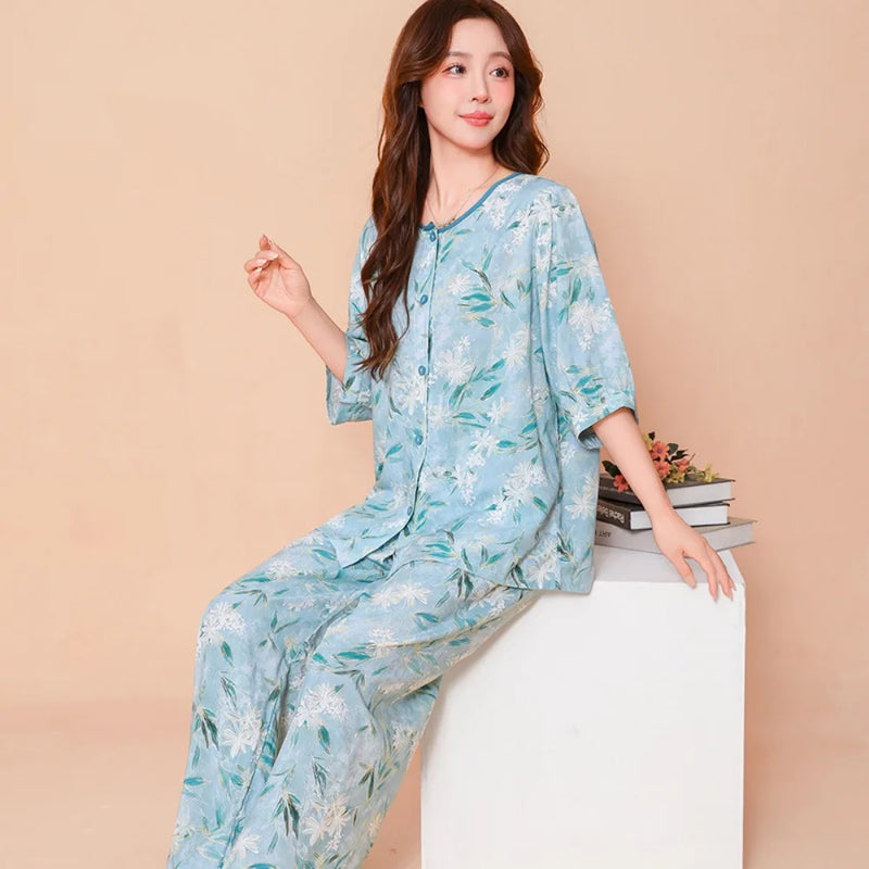 Summer Sleepwear Women's Home Clothes Pyjama Set Lounge Wear New 2 Piece Pjs Pajamas for Women Thin Button Top Loungewear Suit