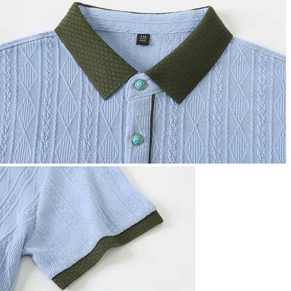 Men's Cable Knit Polo Shirt, Ultra-Soft Cotton Feel Fabric, Business Casual Short Sleeve Shirt with Ribbed Collar