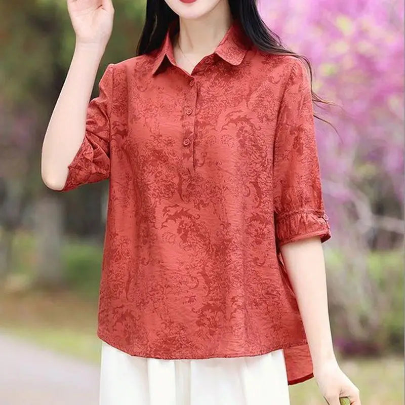 អាវយឺតថ្មីរដូវក្តៅ កអាវ Jacquard ប៊ូតុង ដៃអាវពាក់កណ្តាលធម្មតា ឆើតឆាយ រលុង សម្រាប់ស្ត្រីធ្វើដំណើរទៅធ្វើការ