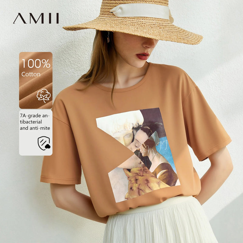 អាវយឺត Amii សម្រាប់នារី រដូវក្តៅ ឆ្នាំ២០២៦ អាវយឺតកប្បាស O-Neck ថ្មី ដៃខ្លី រលុង រចនាបទសិល្បៈ អាវធំសម្រាប់នារី 12652047