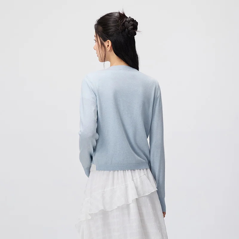 Semir Women Cardigan Cropped V Neck Colorblock Mock Layer Shoulder Fit 2026 Autumn Minimal Knitted Everyday Sweater Top