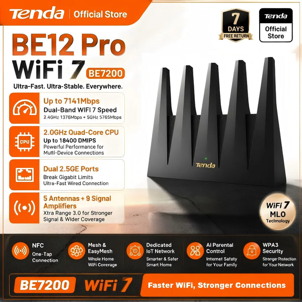 រ៉ោតទ័រ Tenda BE12 Pro WiFi 7 BE7200 ល្បឿន 7141Mbps Dual Band Dual 2.5G Ports Quad-Core CPU អង់តែន 5 Mesh NFC EasyMesh Gaming Router