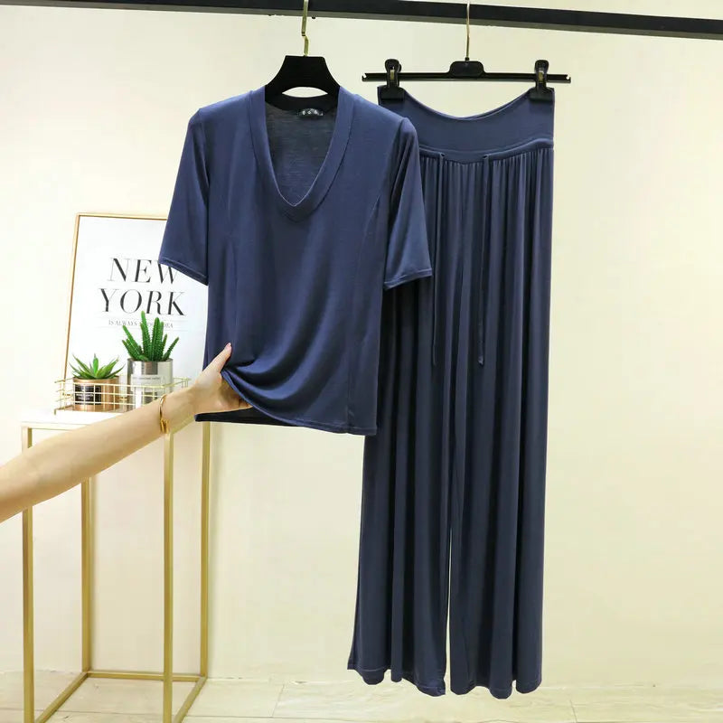 Soft Modal Sleepwear Women's Summer Pajamas Thin T Shirt Wide Leg Pants Set Loose Large Size Home Clothes  M-6XL Pijamas
