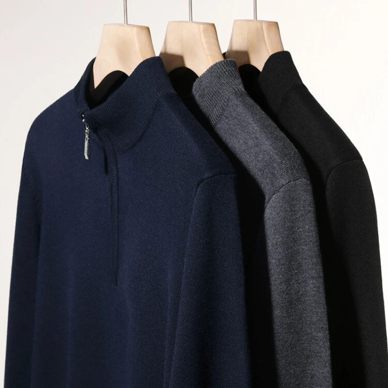 Autumn & Winter Men's Long-Sleeved Sweater,  Half Turtleneck Pullover Wool-like Business Casual Top, Half Zip Pullover