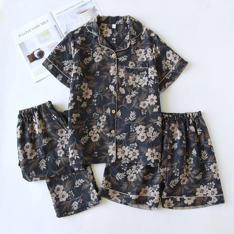 Retro Floral Summer Pajamas Lapel Short Sleeve Sleepwear Women's Cotton Home Wear New Three-Pieces Pyjama Set Woman Nightwear