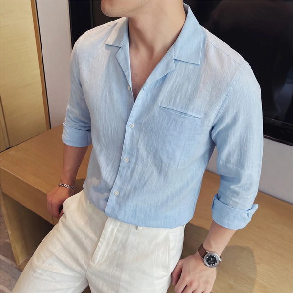 100% Linen Cuban Collar Long Sleeve Shirt - Breathable, Skin - Friendly & Fade - Resistant Casual Top for Men