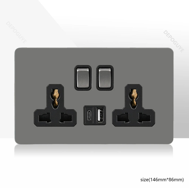 Retro Toggle Switch 1-4 Gang 2 Way Light Switch,EU French Plug Power Outlet Socket With Dual USB Stainless Steel Panel 86 Type