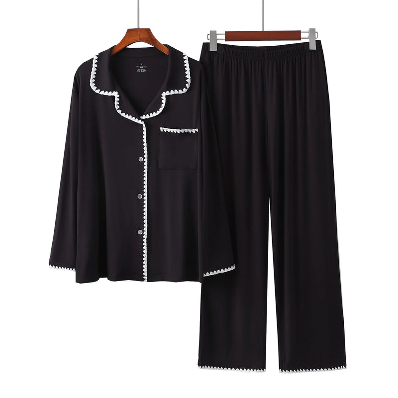 New Embroidery Modal Long Sleeved Spring Autumn Pajamas For Women Sleepwear Trousers Sets High Quality Women's Home Clothes