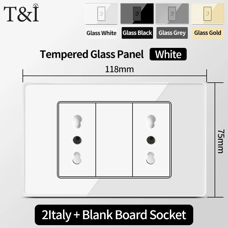 T&I Wall Switch Sockets With USB TypeC  Fast Charging, Italy Socket , Chile Schuko Outlet, Tempered Glass Panel for Home