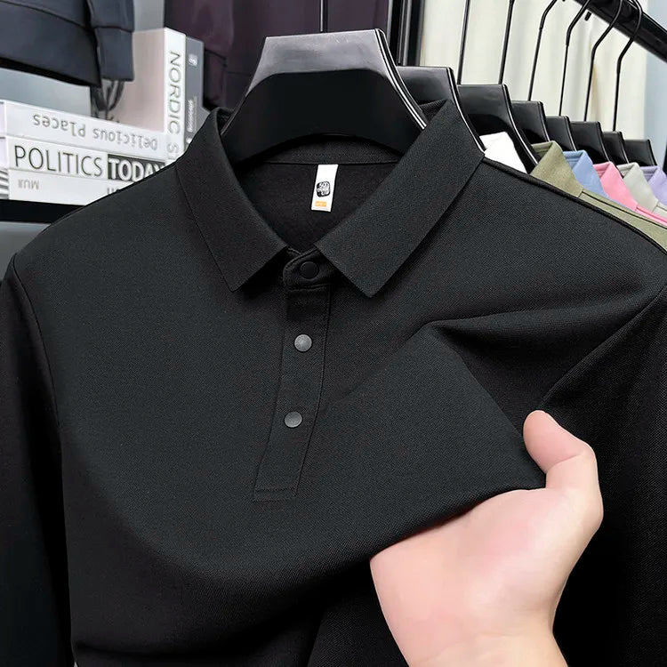 Men's Wool Blend Long Sleeve Polo - Light Blue (White/Black/Olive Green) Wool & Mulberry Silk Breathable Comfort Fit