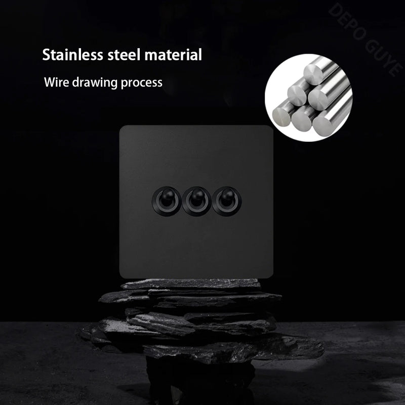Black Retro Toggle Wall Light Switch Socket,Stainless Steel Universal UK Electrical Outlets with USB Type-C charging For Home