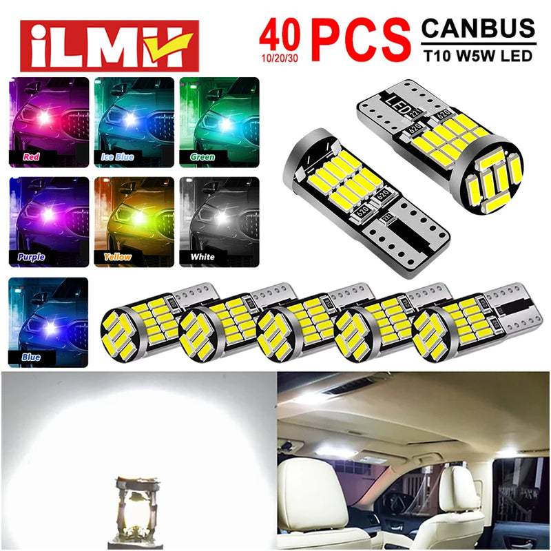 អំពូល LED T10 W5W ចំនួន 10-40 អំពូល CANBUS គ្មានកំហុស 12V 4014-26SMD 400LM 6500K ពណ៌សភ្លឺខ្លាំង ភ្លើងខាងក្នុងរថយន្ត ផែនទីទ្វាររថយន្ត