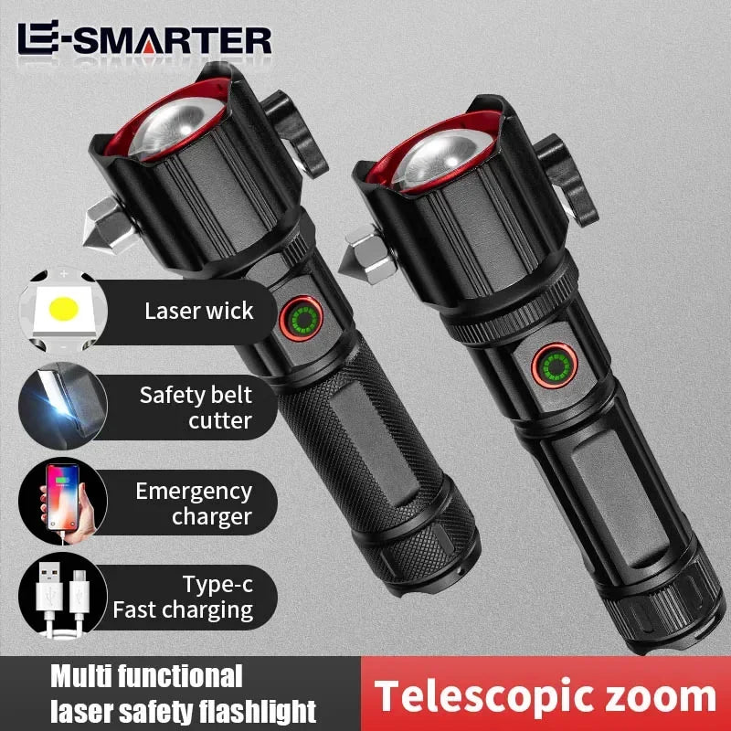 ពិល LED ពង្រីកថាមពលខ្ពស់ជាមួយការសាកថ្ម USB COB Safety Hammer ពហុមុខងារ ពិលឡាស៊ែរពណ៌សអាលុយមីញ៉ូមធន់នឹងទឹក