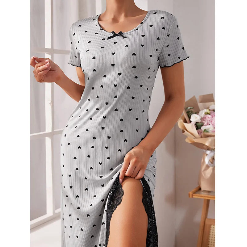 Elastic Slim Fit Nightdress Women's Nightgown Round Neck Short Sleeve Large Size Split Fork Sleepwear Medium Long Summer Dress