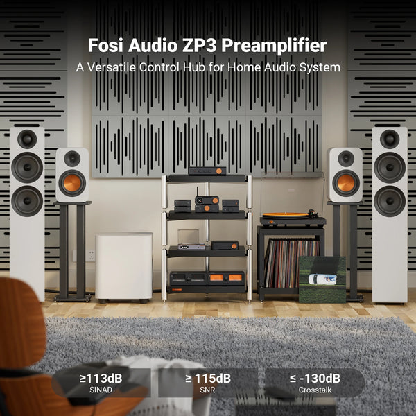 ឧបករណ៍បំពងសម្លេងជាមុន Fosi Audio ZP3 ជាមួយឧបករណ៍បំពងសម្លេងជាមុន HiFi XLR/RCA/SUB OUT 3-in/3-out ជាមួយនឹងការគ្រប់គ្រងសម្លេង HPF High Pass Filter