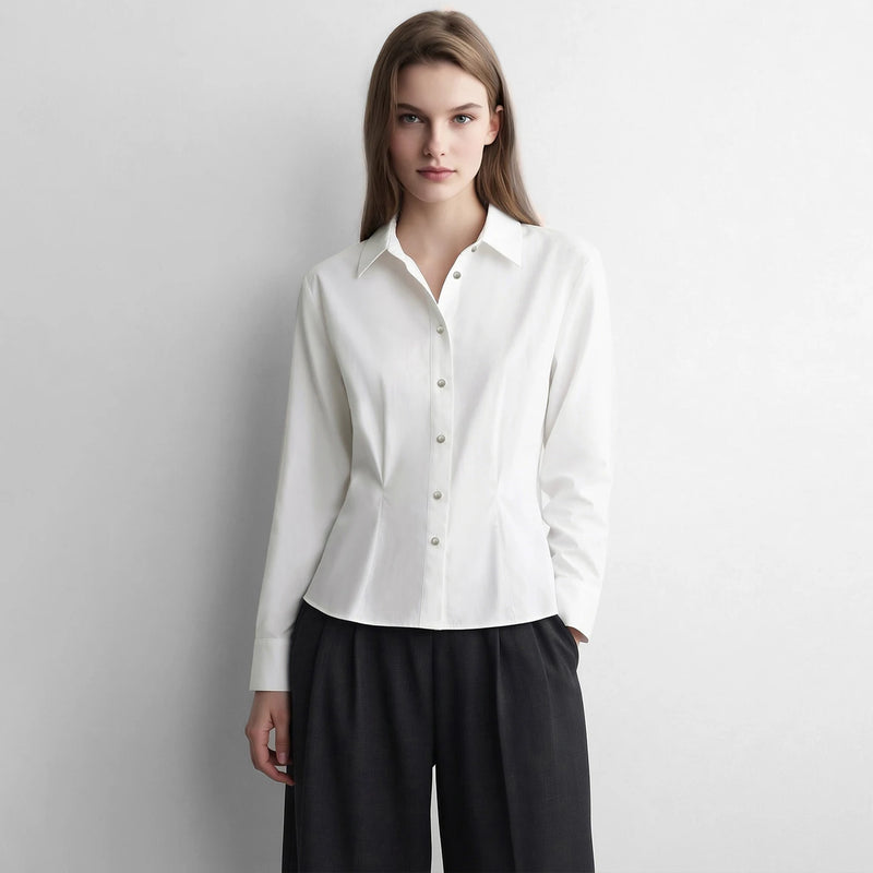Amii Women's Shirt 2026 Autumn New Lapel Collar Fitted Waist Long Sleeve Blouse Vintage Metal Button Casual Top Women 12623031