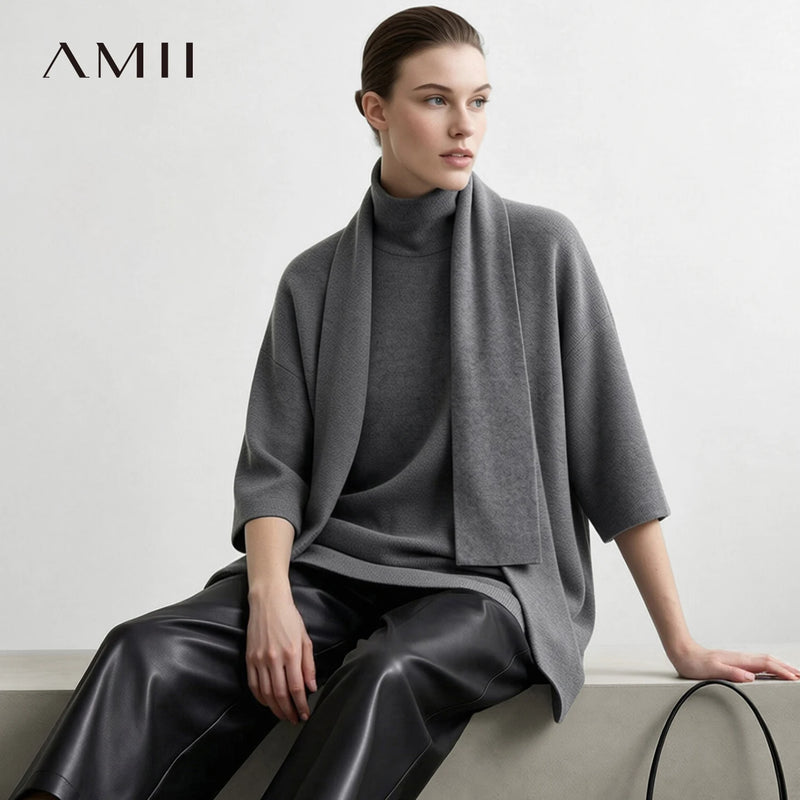 Amii Women's Turtleneck Sweater Half Sleeve Oversized Knit Pullover Tops Minimalist 2026 Autumn Sweaters Woman Clothing 12613019