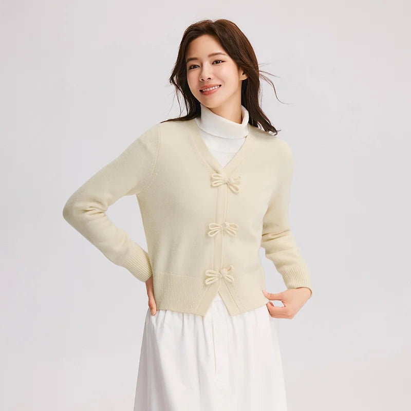 Semir Women Cardigan Bow Toggle V Neck Soft Knit Slim Fit Cropped Sweater 2026 Vintage Everyday Layering Knitwear Top