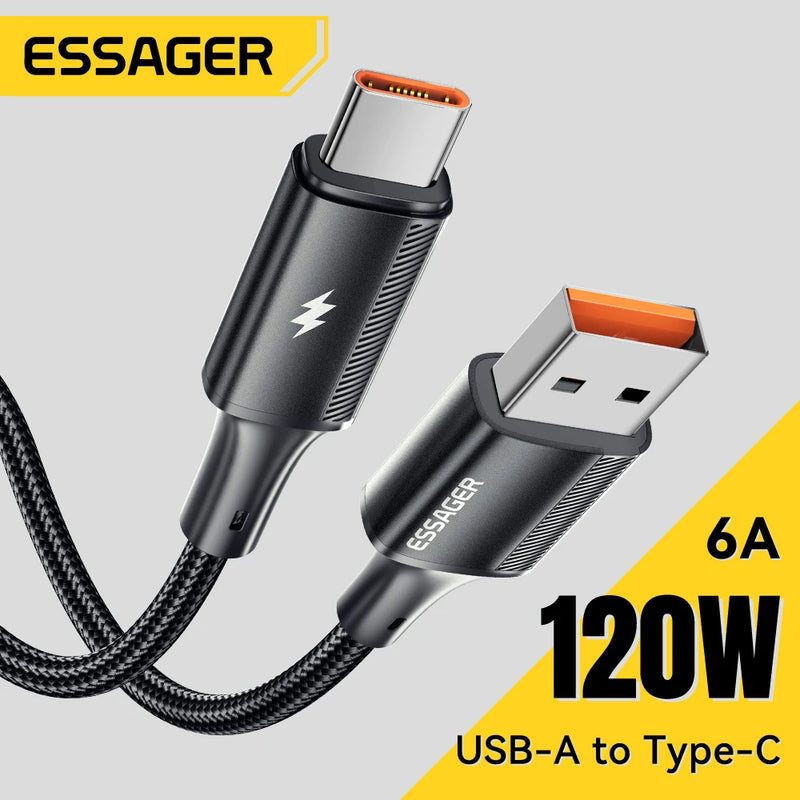 ខ្សែសាក Essager 120W 6A ខ្សែសាកលឿន Type C សម្រាប់ Xiaomi 14 Ultra Huawei Samsung Oneplus USB Type C Data Cables