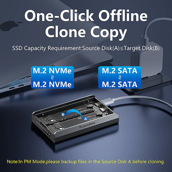 ប្រអប់ Blueendless 2 Bay RAID M.2 SATA M.2 NVME SSD អាលុយមីញ៉ូម Dual Bay NVMe RAID SSD គាំទ្ររបៀប RAID0/1/PM អតិបរមា 16TB