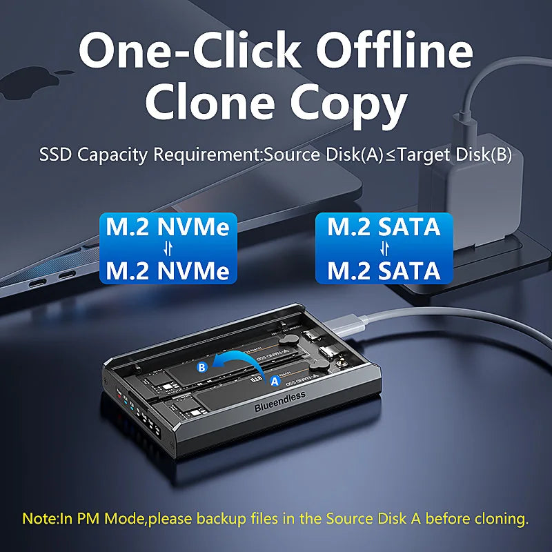 ប្រអប់ Blueendless 2 Bay RAID M.2 SATA M.2 NVME SSD អាលុយមីញ៉ូម Dual Bay NVMe RAID SSD គាំទ្ររបៀប RAID0/1/PM អតិបរមា 16TB