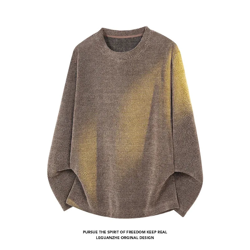 Male Street Fashion Long Sleeve Knit Shirt Crew Neck Vintage Washed Dye Gradient Texture For Outdoor Hangout Wear