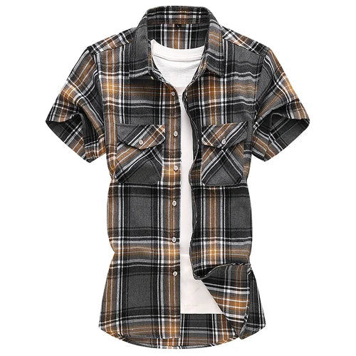 Men Red Striped Plaid Short-sleeved Shirt, Single-breasted Square Collar Cotton Shirts Summer Fashion Casual Camisa Men Chemise