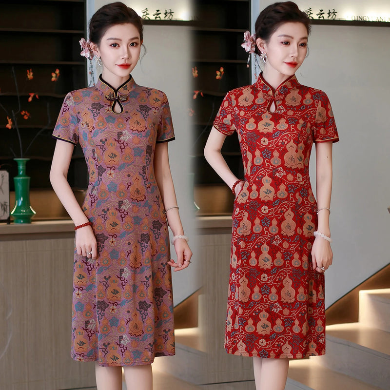 រ៉ូប Cheongsam បែបចិន រ៉ូប Qipao សម្រាប់នារី រ៉ូបបោះពុម្ពផ្កា សម្លៀកបំពាក់បែប Vintage