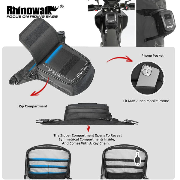 កាបូបដាក់ជើងម៉ូតូ Rhinowalk កាបូបចង្កេះ មិនមែនម៉ាញេទិក ការពារទឹកជ្រាប កាបូបធុងសាំងម៉ូទ័រ 2.4 លីត្រ ប្រព័ន្ធដាក់តាមខ្សែរ មានបន្ទប់ច្រើន