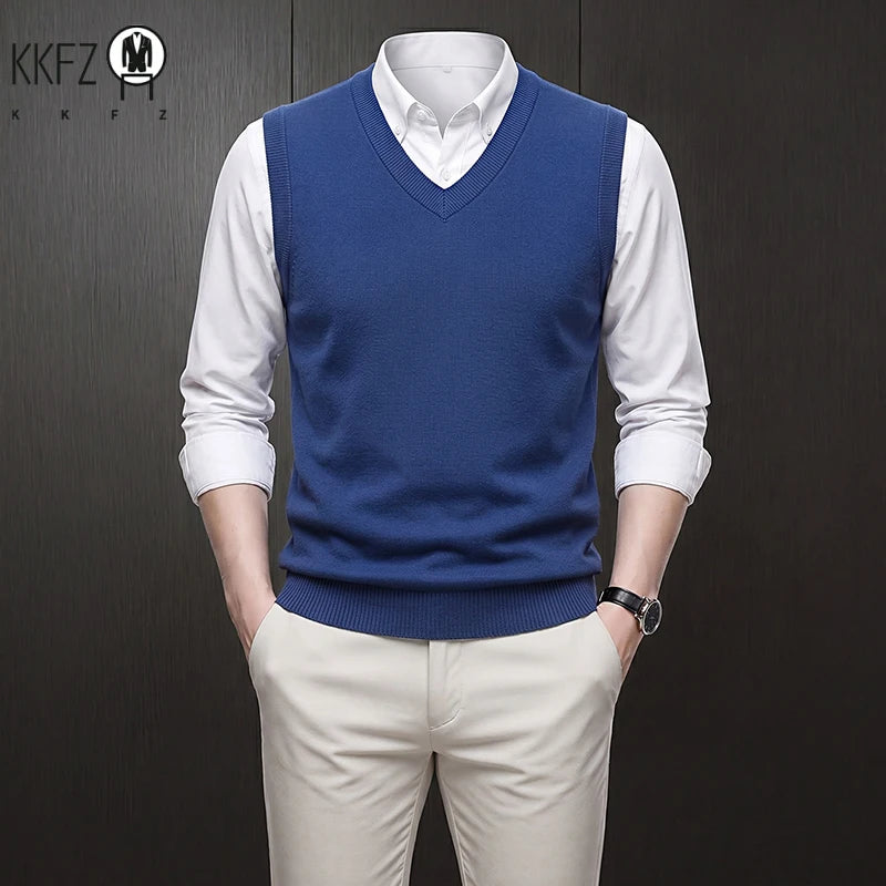 V Neck Sleeveless Plain Knit Vest For Men Soft Handfeel Knitwear Business Formal Sweater Tank Top Autumn Layering Clothes
