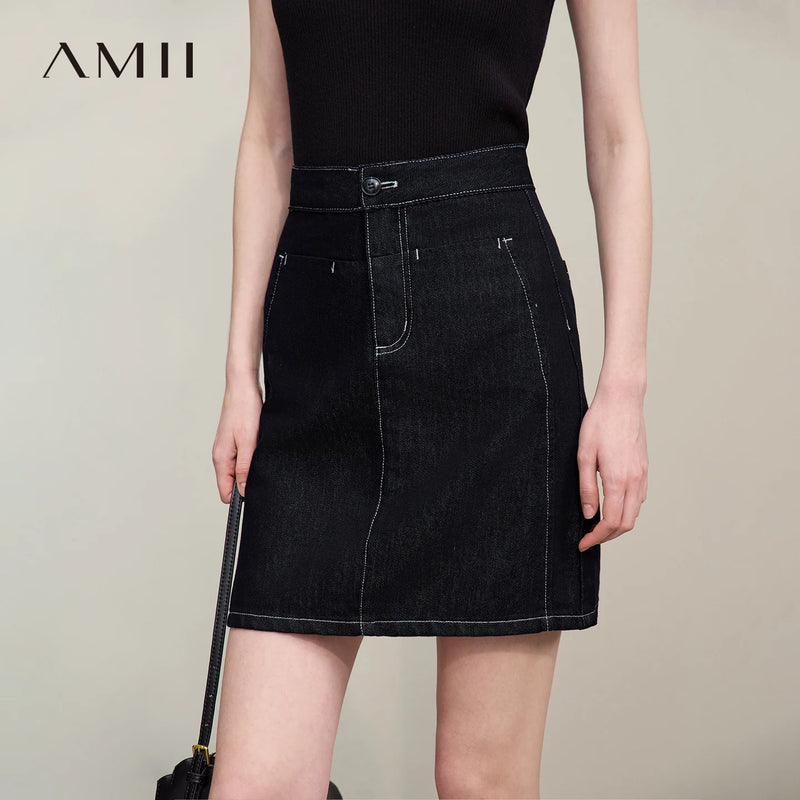 សំពត់ Denim របស់ស្ត្រី Amii ឆ្នាំ ២០២៦ រដូវក្តៅថ្មី សំពត់កប្បាសបែប Vintage A-Line ដែលអាចបត់បែនបាន មានហោប៉ៅ សំពត់ Jean ខ្លីធម្មតាសម្រាប់ស្ត្រី 12642093