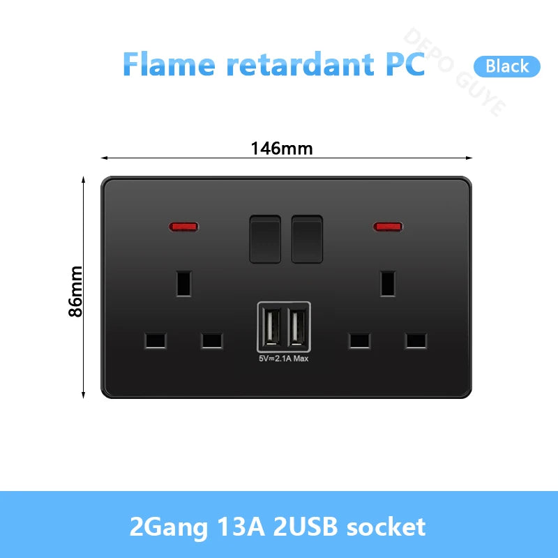 Universal Black USB Type-C 18W Smart Fast Charging Socket Double 5-pin Power Plug,UK  Electrical Internationa Wall Light Switch
