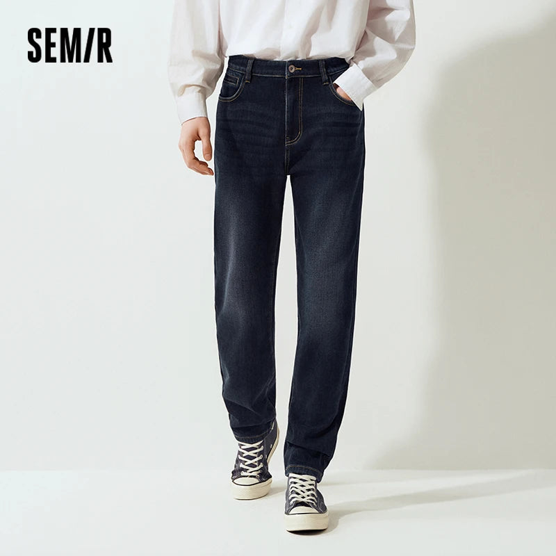 Semir Men Jeans Fleece Lined Stretch Tapered Fit Whisker Distressed Wash 2026 Vintage Warm Urban Casual Denim PantsSemir Men Jea