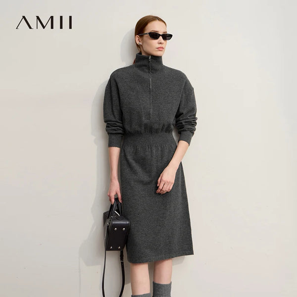 Amii Women Dresses 2026 Winter New Office Lady Turtleneck Zipper Loose Midi Dresses Long Sleeves Knit Straight Skirt 12524062