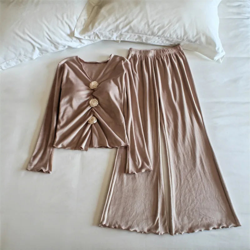 Warm Winter Nightwear Sexy V Neck Chest Pad Top Pant Suit Island Velvet Pajama Set Woman Korean Sleepwear For Sleeping Home