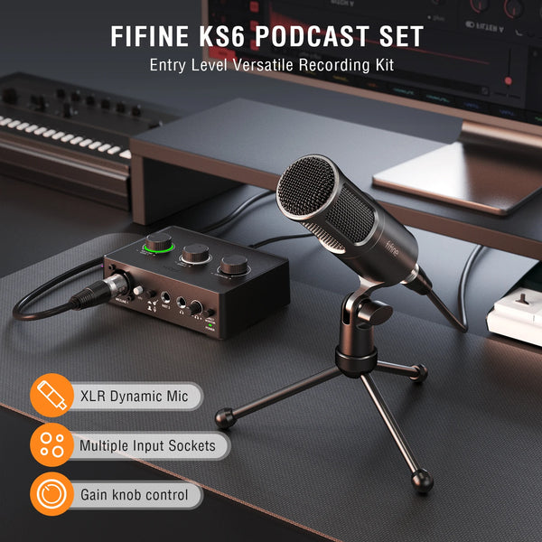 ឈុត FIFINE Podcast ជាមួយមីក្រូហ្វូន/កាតសំឡេងថាមវន្ត ឈុតស្ទូឌីយោទាំងអស់ក្នុងតែមួយ ជាមួយឧបករណ៍លាយសំឡេងសម្រាប់កុំព្យូទ័រ ការថតសំឡេងឧបករណ៍ផ្សាយតាមអ៊ីនធឺណិត-KS6