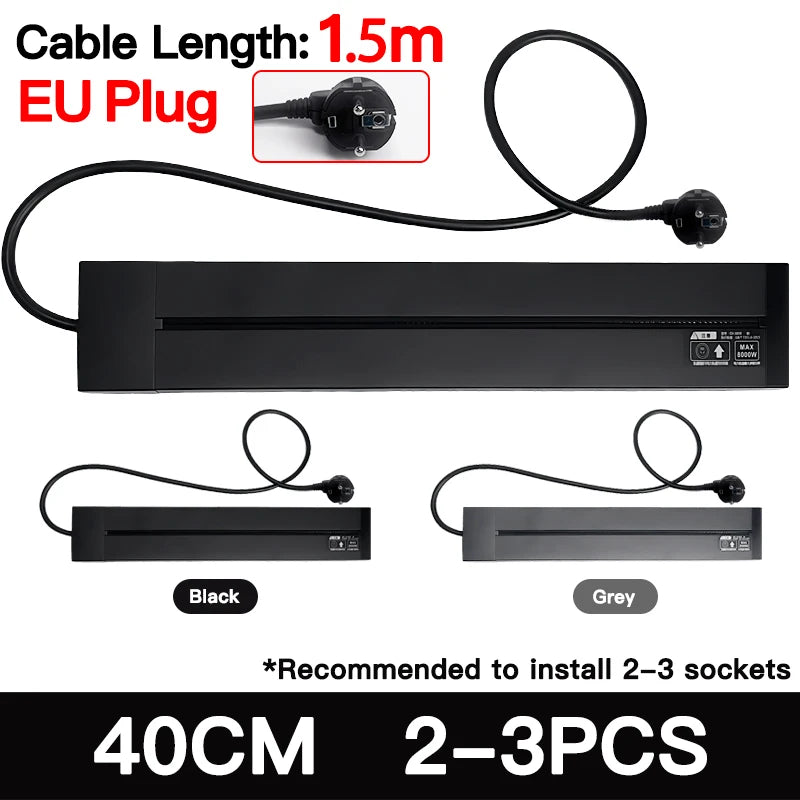 Multistandard Wall Power Track (40cm 50cm), USB-C Enabled Electric Sockets Plugs Adapters Grey Black for Office Use
