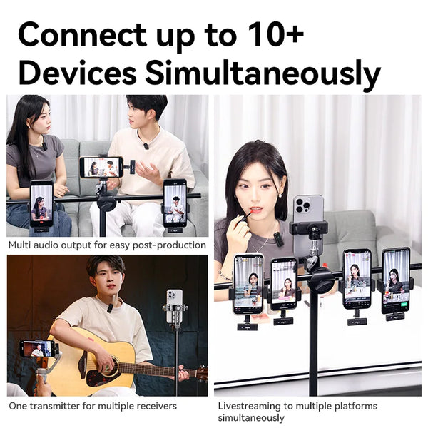 មីក្រូហ្វូនឥតខ្សែ Ulanzi Dual Channel ដែលអាចថតសំឡេងបាន 98 ហ្វីត សម្រាប់ថតវីដេអូ Vlog លើស្មាតហ្វូន