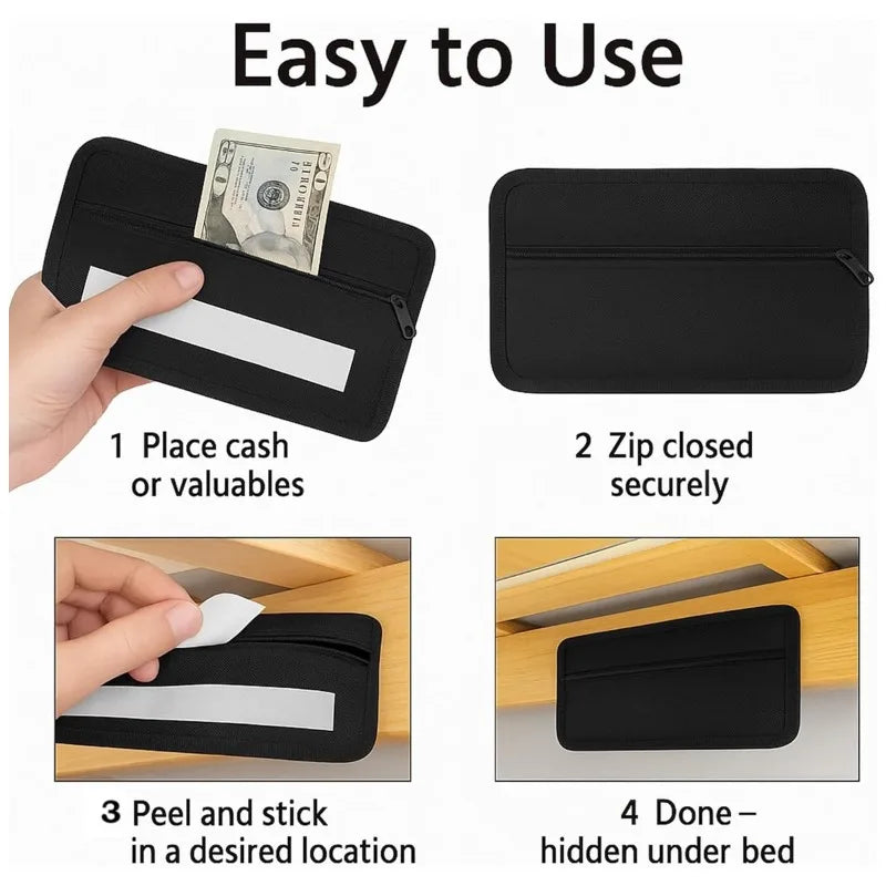 1pc Coin purse with Strong Adhesive And Zipper,Secret Compartment for Cash, Cards, Jewelry, Coins,Desk, Table, Wardrobe.