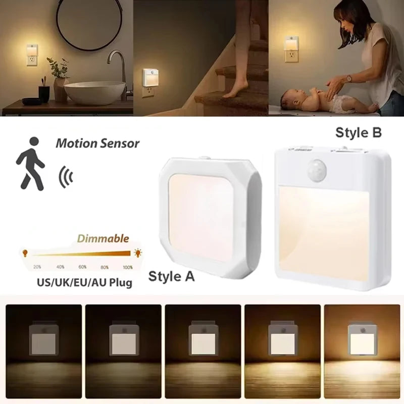 Motion Sensor LED Night Lights EU/US/AU/UK Plug Dimmable Cabinet Light for Baby Bedside Bedroom Corridor Wireless Lamp Lighting