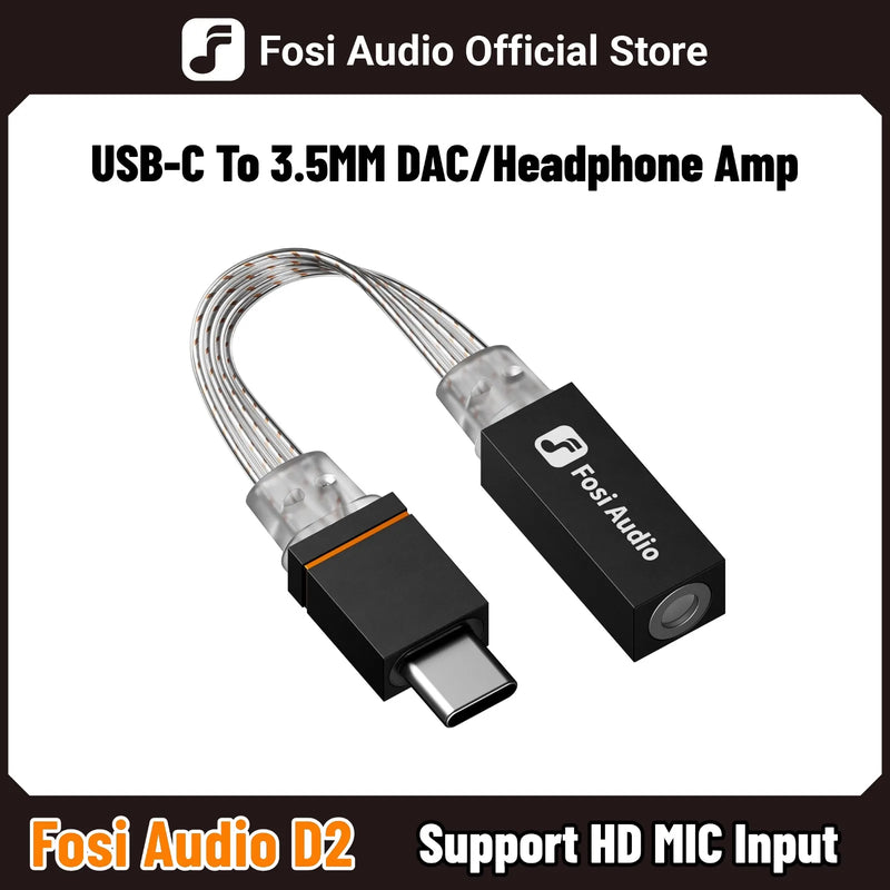 ឧបករណ៍ពង្រីកសំឡេងកាស Fosi Audio D2 USB DAC ធ្វើពីអាលុយមីញ៉ូម គាំទ្រអាដាប់ទ័រ USB-C ទៅ 3.5mm បញ្ចូលមីក្រូហ្វូន បន្ទះឈីប CX31993