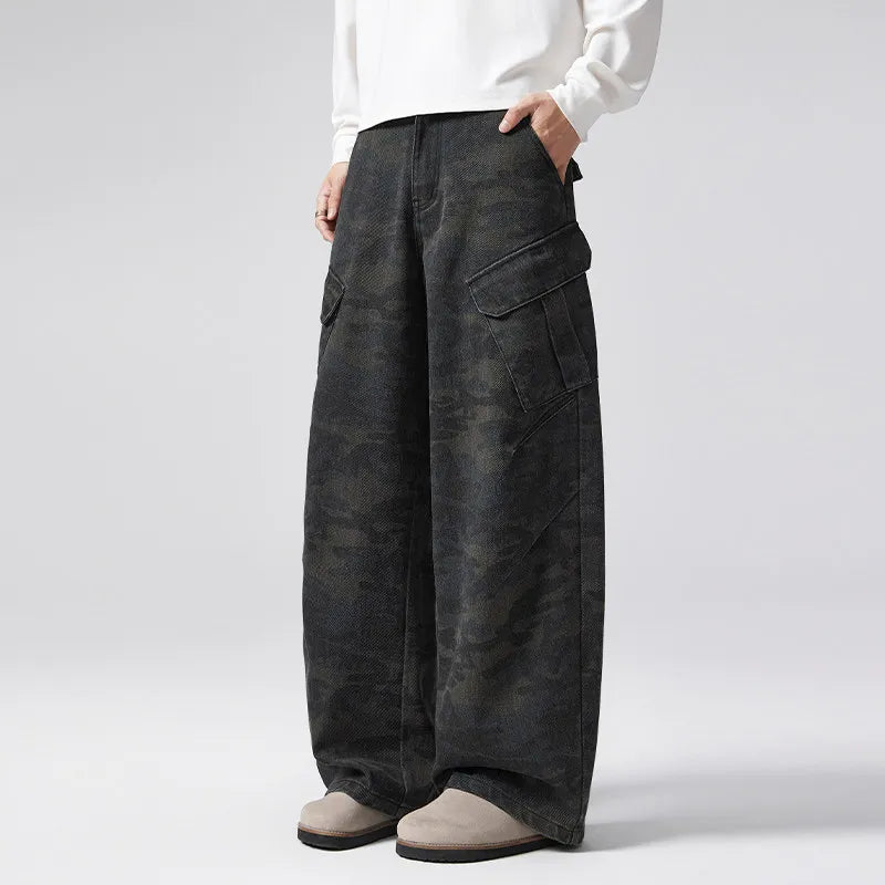 DUKEEN Men's Vintage Camouflage Cargo Pants - Loose Fit Straight Leg Work Pants with Pockets & Distressed Details for Spring