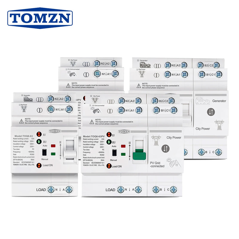 TOMZN Din Rail Small PV ATS 2P4P 63A 230V Dual Power Automatic Transfer Electrical Selector Switch Uninterrupted