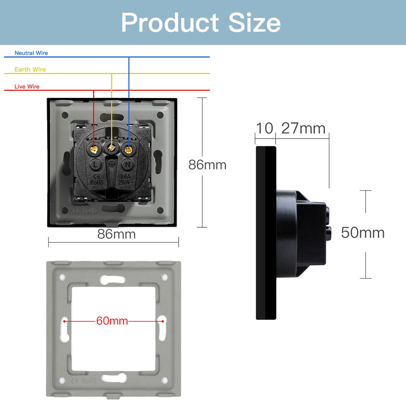 BSEED EU Standard Wall Power Socket USB Type-C Charge Port Outlet 110-250V Glass Panel 20W Fast Charge Electrical Plug