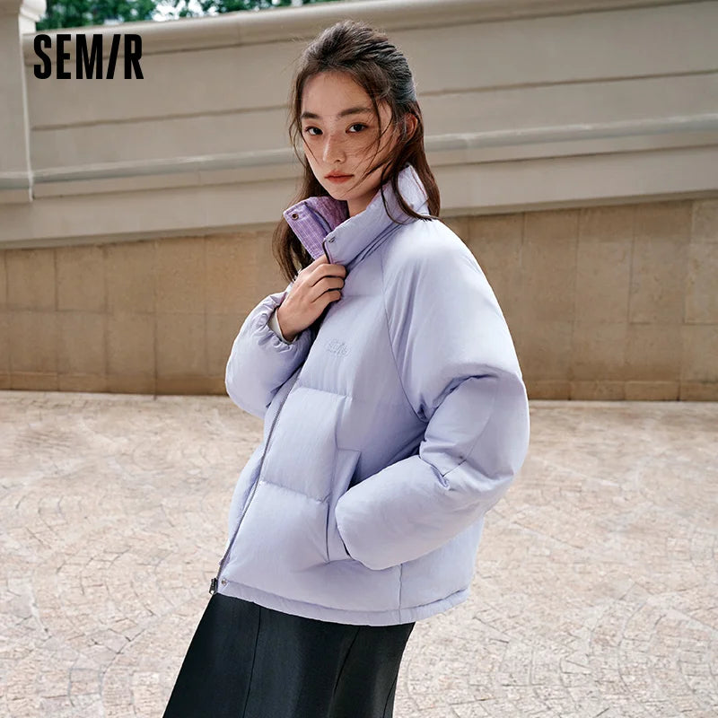 Semir Textured Down Jacket Stripe Patchwork Women 2026 Winter College Style Loose Fit Stand Collar Fashion Outerwear